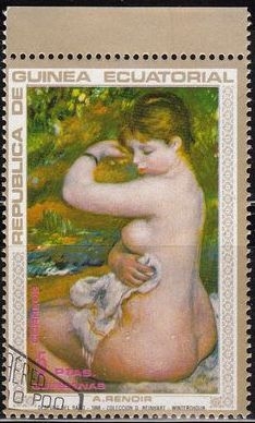 z vendido Guinea Ecuatorial 1973 Michel 211 Sello Pintura Pierre Auguste Renoir Despues del Baño Winterthour Mujeres Desnudas Matasello de favor Preobliterado 